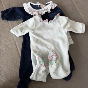 Jacadi Mint and Navy Floral-Trim Footed One-Piece Set
